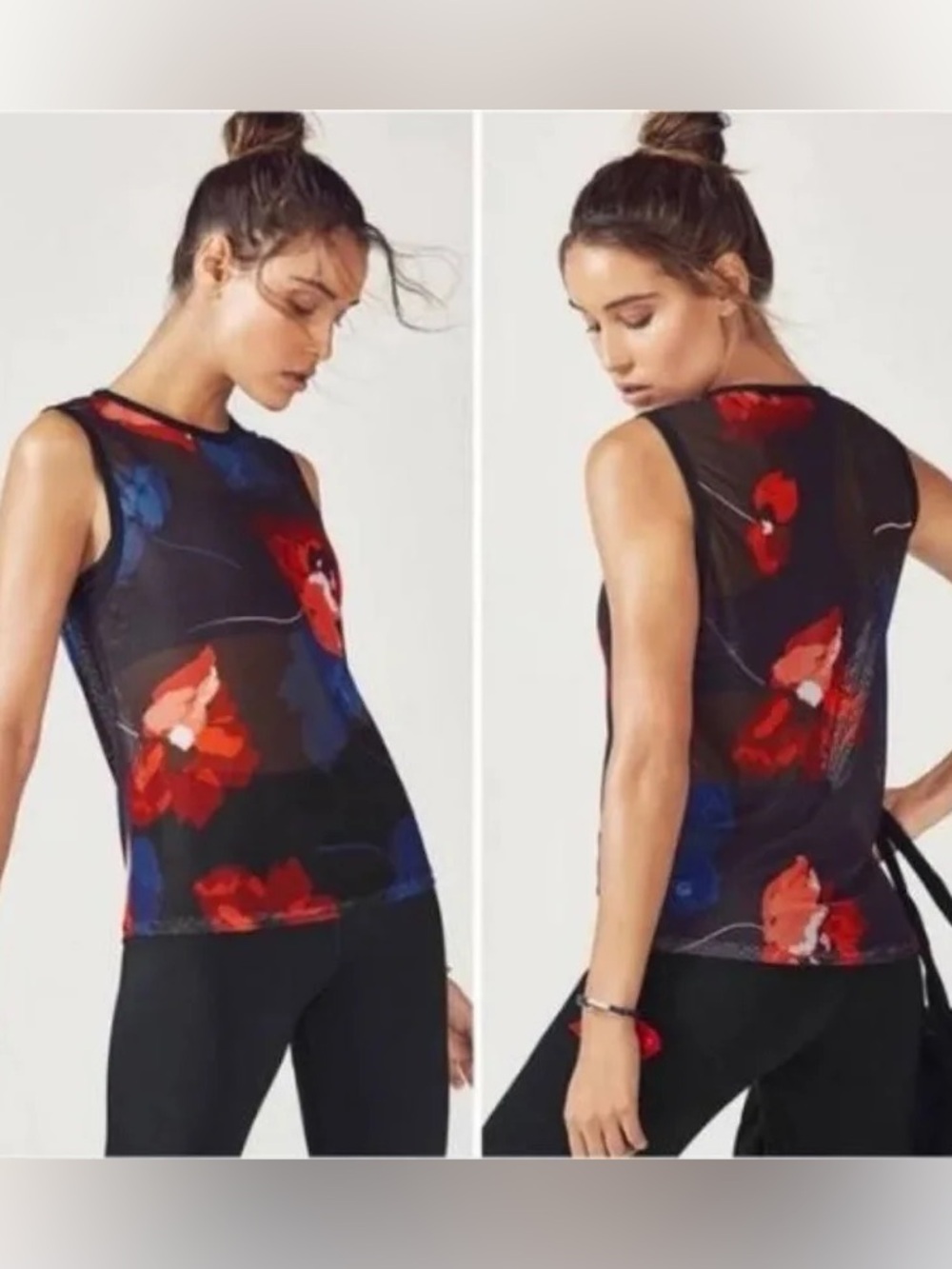 Fabletics Harleem floral black red blue mesh tank swim cover sheer size Large